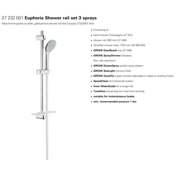 Grohe Euphoria shower rail set 3 prays